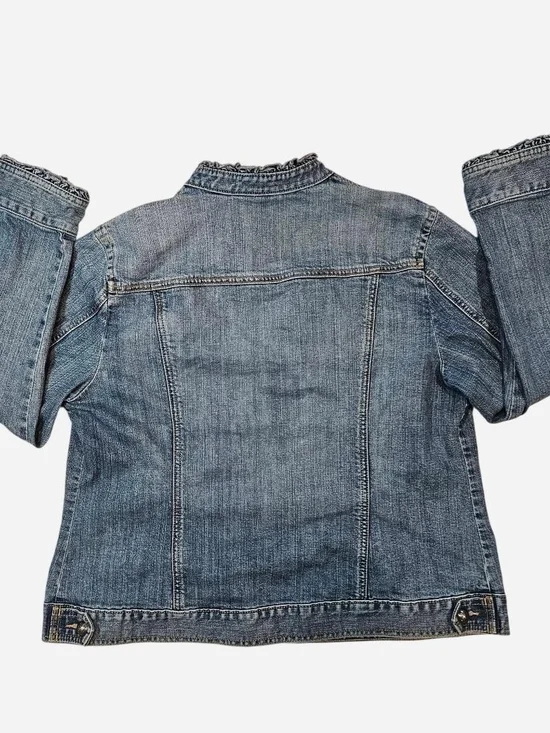Chico's Platinum Denim Jacket with Ruffles & Button Closures Size 2 Or Large - Picture 2 of 8